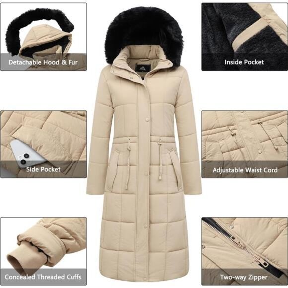 Women's Winter Coat Long Waterproof Parka - Warm Apricot - Picture 4 of 7